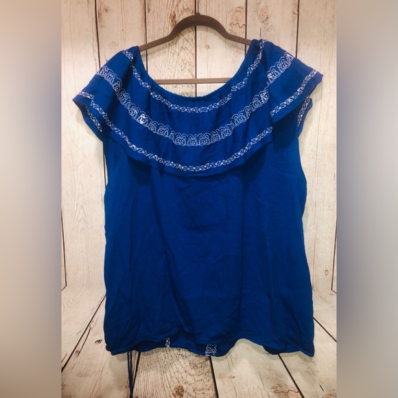 RUFF HEWN Blue/White Peasant Ruffle on/off Shoulder Blouse Top 3X Plus NWT. - Picture 2 of 6